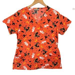 Comfy Cotton Halloween-Themed Wrap Scrub‎ Top Size M Spooky Gothic Festive Work